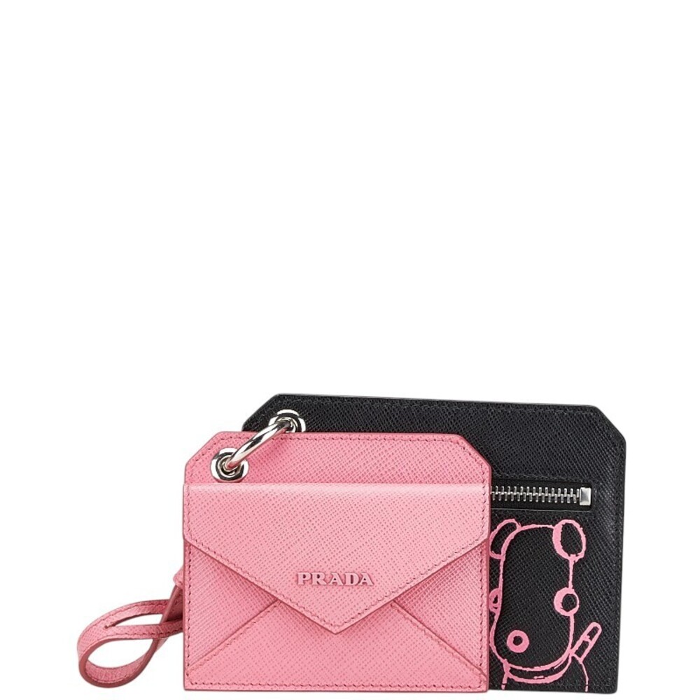 Prada Dog Illustration Wallet Black Pink Saffiano Leather